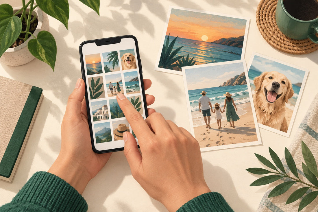 Ilustración editorial generada con IA: preparar recuerdos del celular. No es una muestra de impresión.