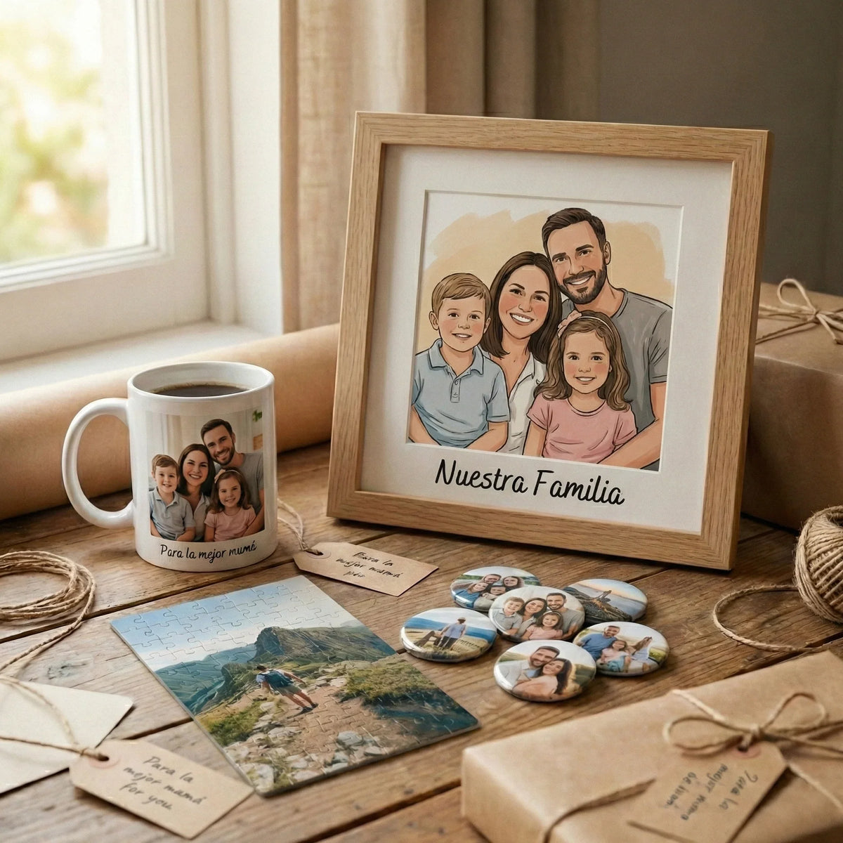 Taza y regalos personalizados con fotografía y texto impreso sobre mesa de madera.
